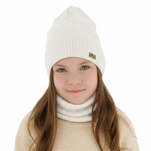 Ensemble automne/printemps fille: bonnet et snood, blanc, avec laine mérinos, Itra