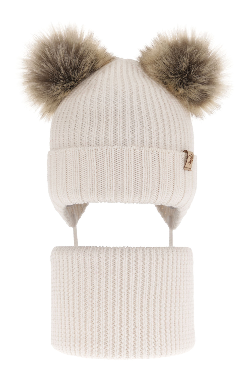 Ensemble d'hiver fille: bonnet et snood, blanc, avec deux pompons, avec laine mérinos, avec liens, Silvia