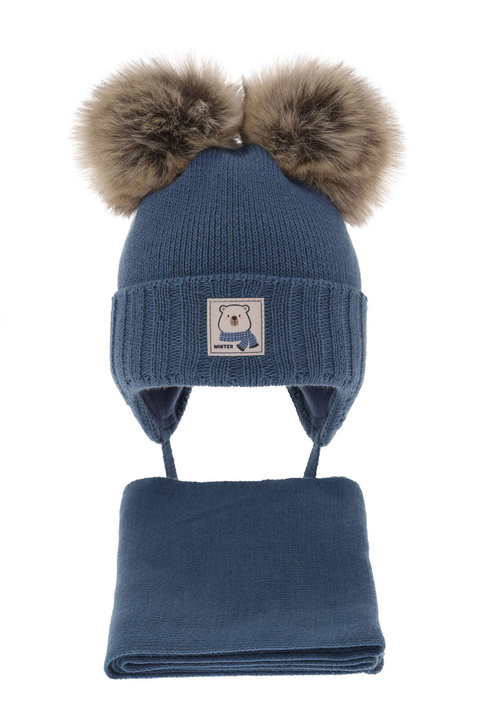 Ensemble d'hiver garçon: bonnet et écharpe, bleu, avec deux pompons, Jewel