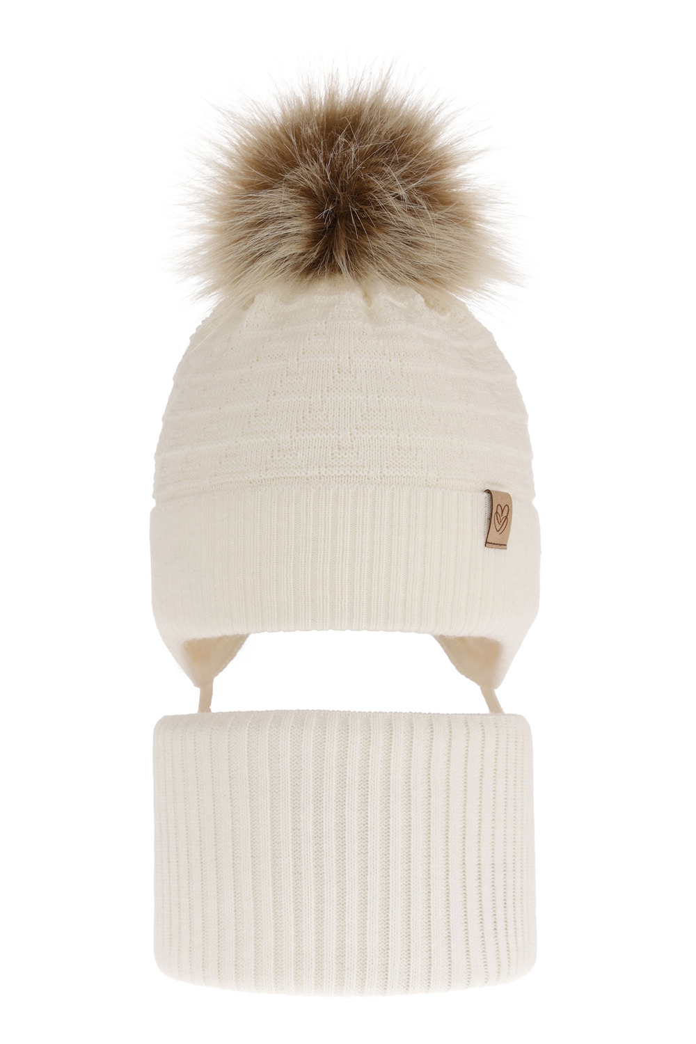 Ensemble d'hiver fille: bonnet et snood, crème, avec pompon, Egeria