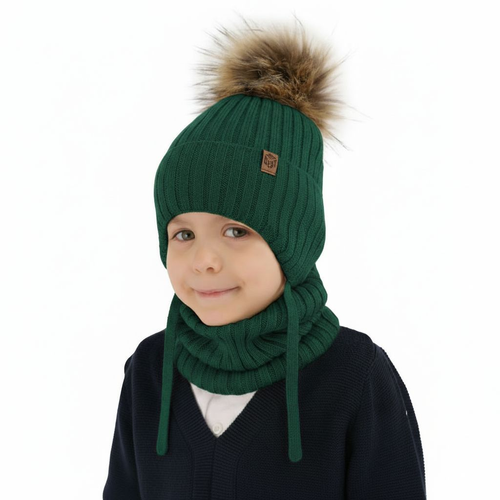 Ensemble d'hiver garçon: bonnet et snood, vert, avec laine mérinos, avec liens, Juno