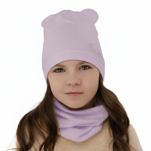 Ensemble automne/printemps fille: bonnet et snood, violet, en coton, Cyntia