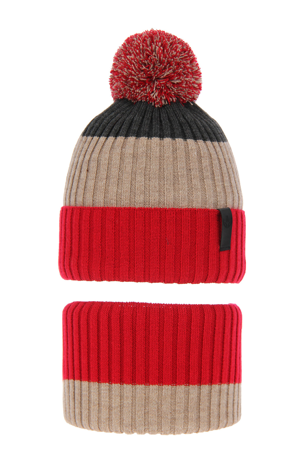 Jongens winter set muts en buissjaal, rood, met garen pompon, Karson