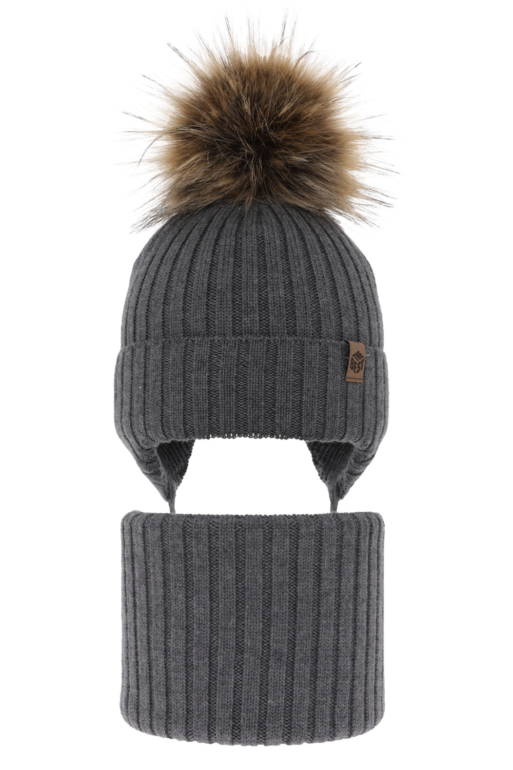 Ensemble d'hiver garçon: bonnet et snood, gris, avec liens, 100% Laine Mérinos Extrafine, Juno