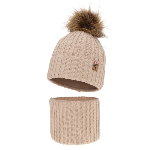 Ensemble d'hiver fille: bonnet et snood, beige, avec pompon, Larina