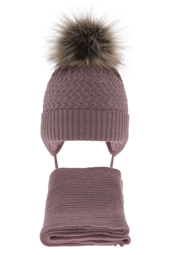 Ensemble d'hiver fille: bonnet et écharpe, violet, avec pompon, avec liens, Zelta