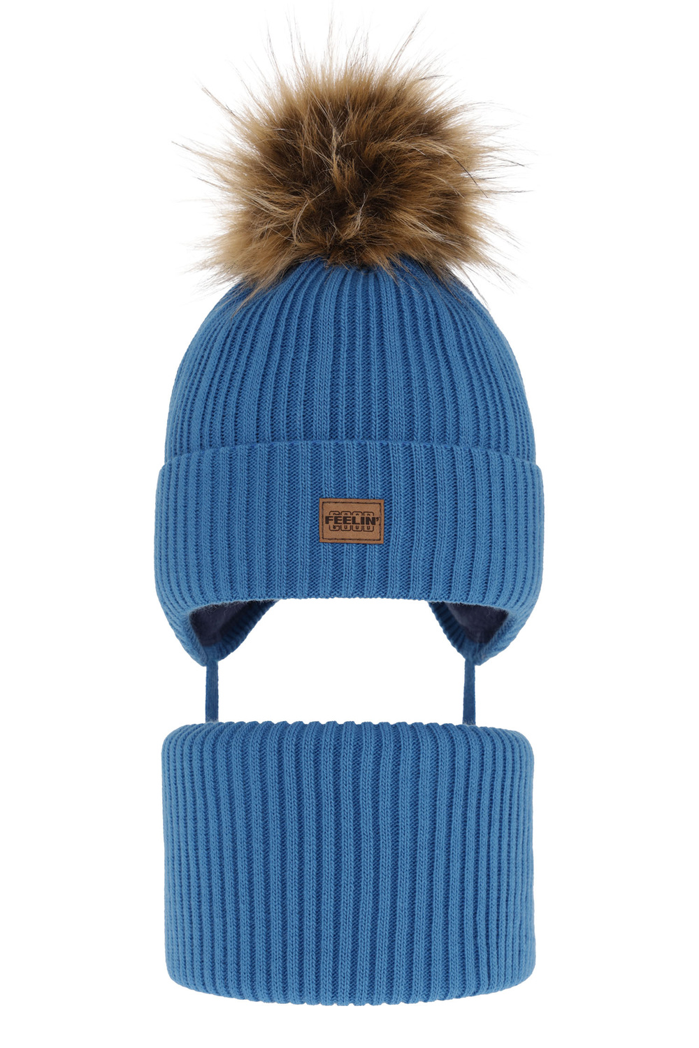 Ensemble d'hiver garçon: bonnet et snood, bleu, avec pompon, Eger