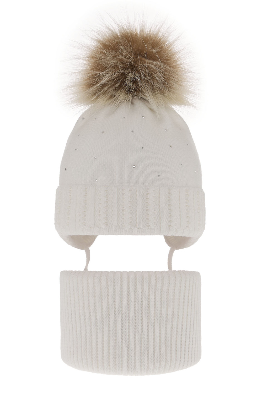 Ensemble d'hiver fille: bonnet et snood, blanc, avec pompon, Renia