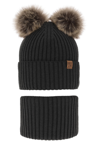 Ensemble d'hiver garçon: bonnet et snood, gris, avec deux pompons, avec liens, Oxford