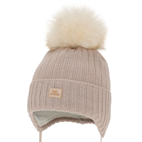 Meisjes wintermuts, beige, met bindkoorden, met merinowol, Basma