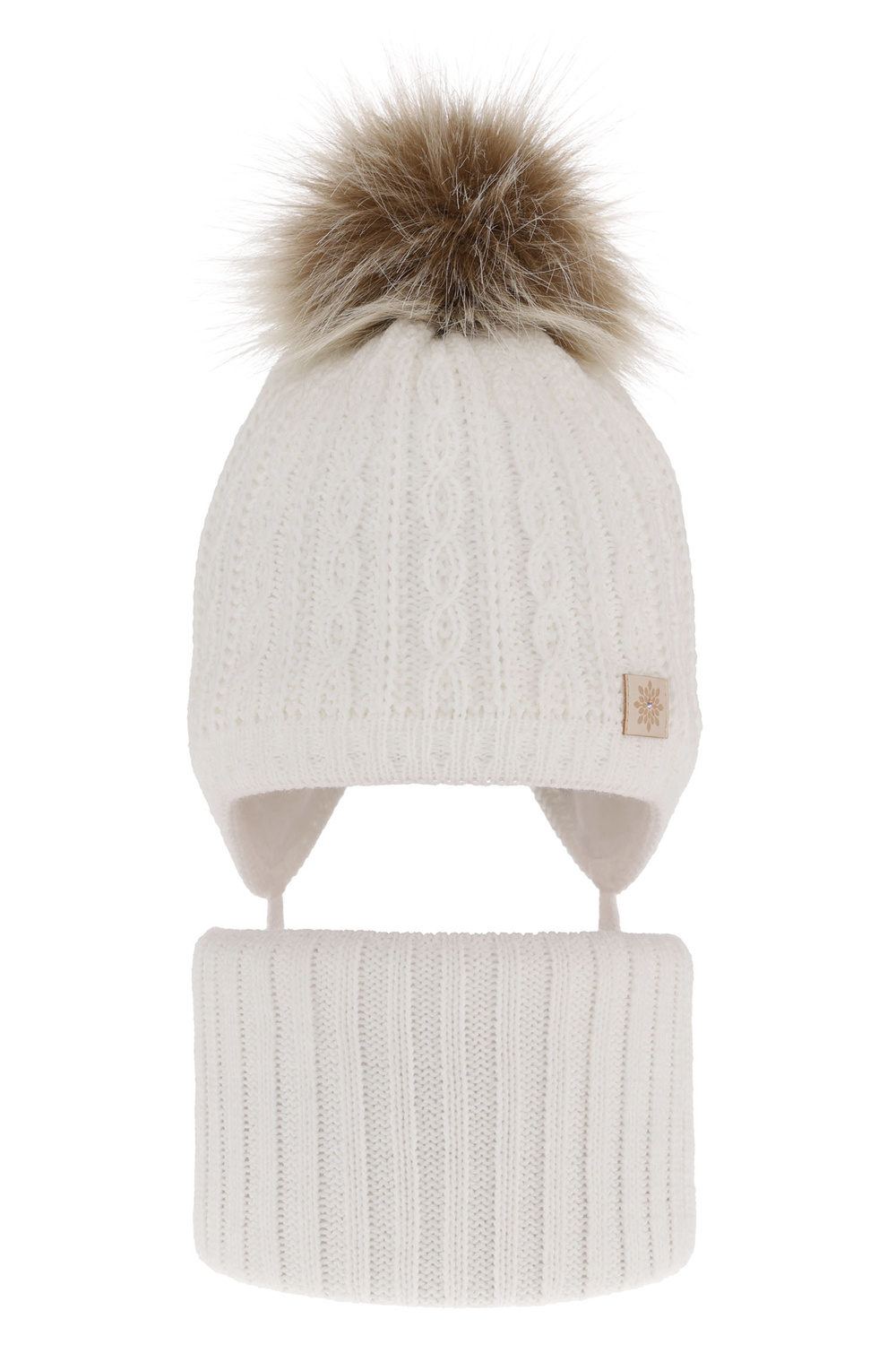 Ensemble d'hiver fille: bonnet et snood, blanc, avec pompon, Passa