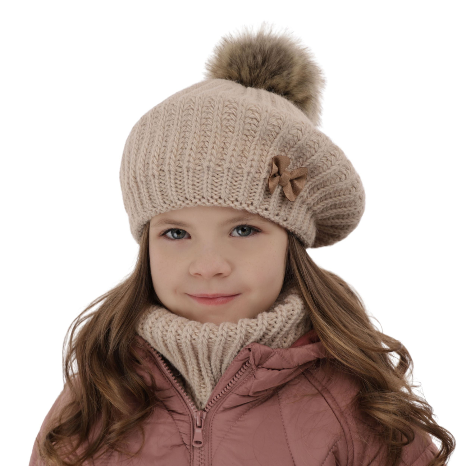 Ensemble d'hiver fille: beret et snood, beige, avec pompon, Polinezja