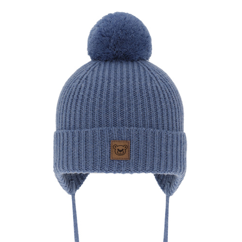 Bonnet d'hiver garçon, bleu, avec laine mérinos, doublé de coton, avec liens, Tacco