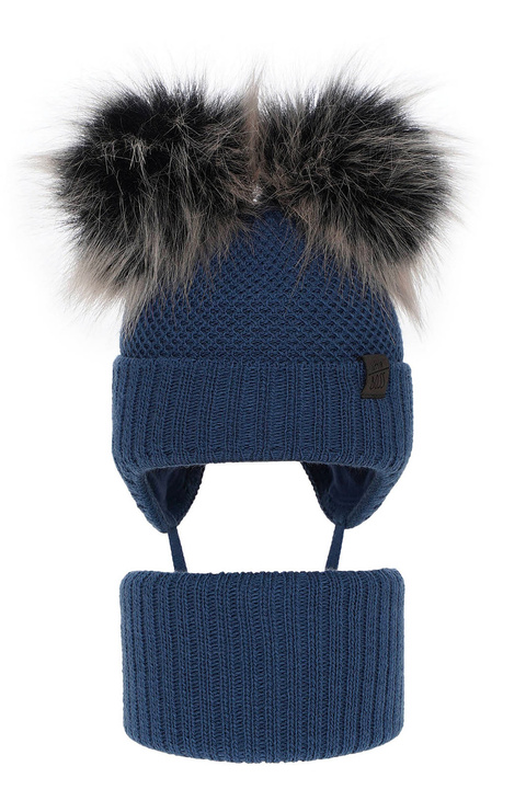 Jongens winter set muts en buissjaal, blauw, met twee pompons (garen), Randel