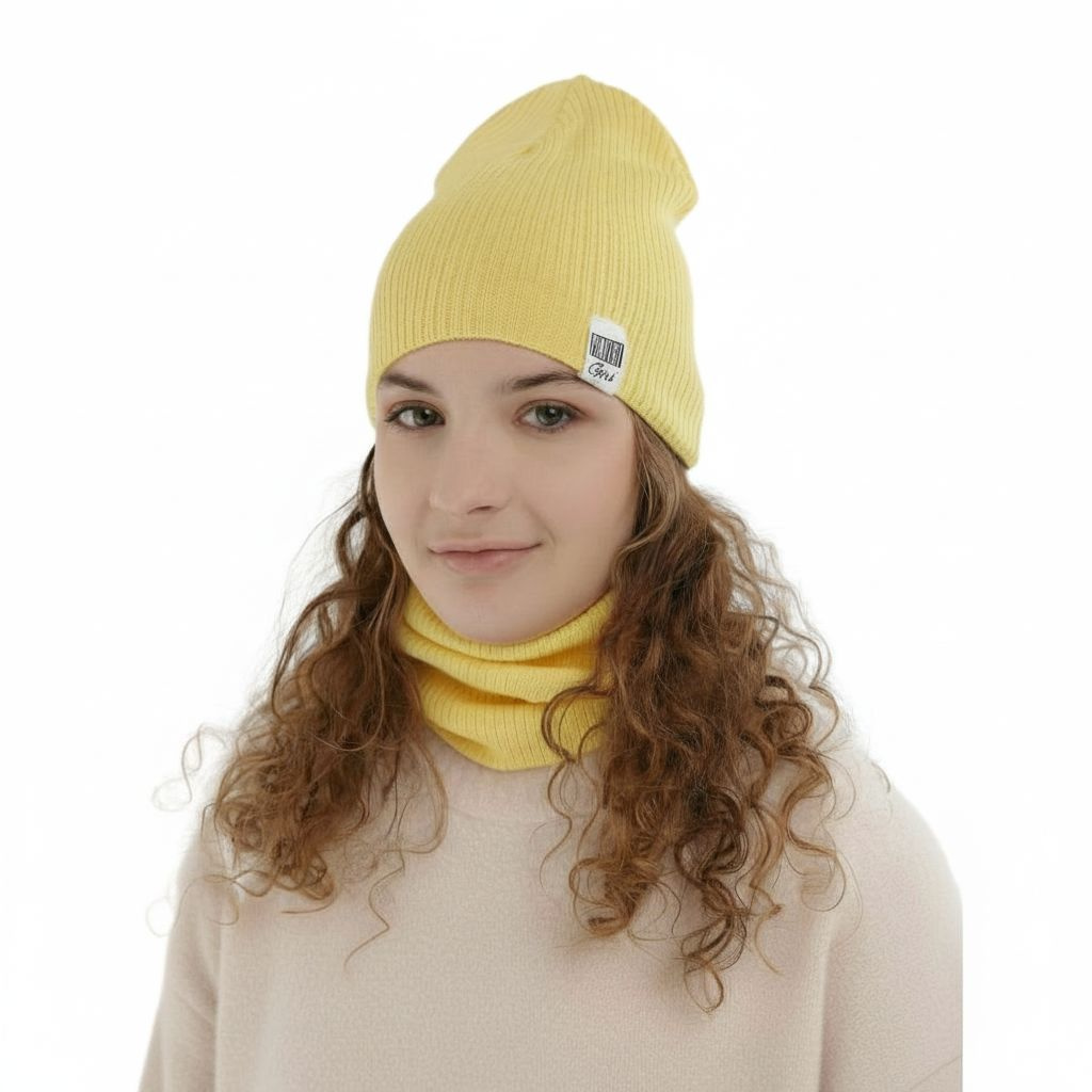 Meisjes herfst/lente set muts en buissjaal, met katoen, geel, Farinka