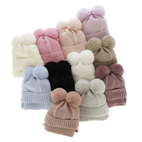 Ensemble d'hiver fille: bonnet et écharpe, violet, avec deux pompons, lié, Fibien