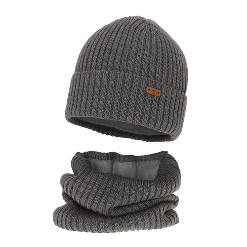 Ensemble d'hiver garçon: bonnet et snood, gris foncé, avec laine mérinos, doublé de polaire, Palermo