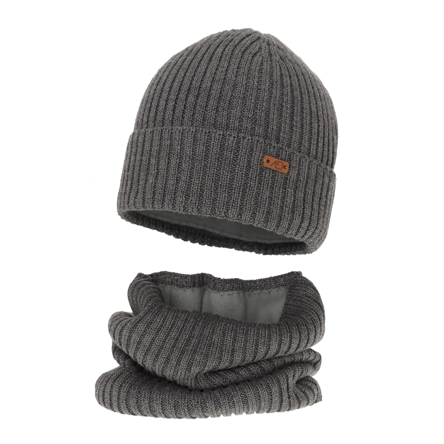 Ensemble d'hiver garçon: bonnet et snood, gris foncé, avec laine mérinos, doublé de polaire, Palermo