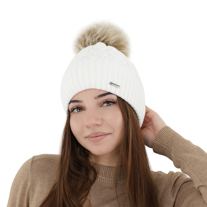 Bonnet d'hiver femme, blanc, avec pompon, Deva