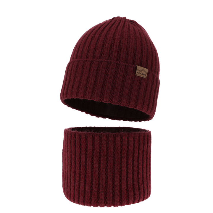 Ensemble d'hiver garçon: bonnet et snood, bordéau, avec laine mérinos, Karmin