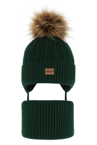 Ensemble d'hiver garçon: bonnet et snood, vert, avec pompon, avec liens, Eger