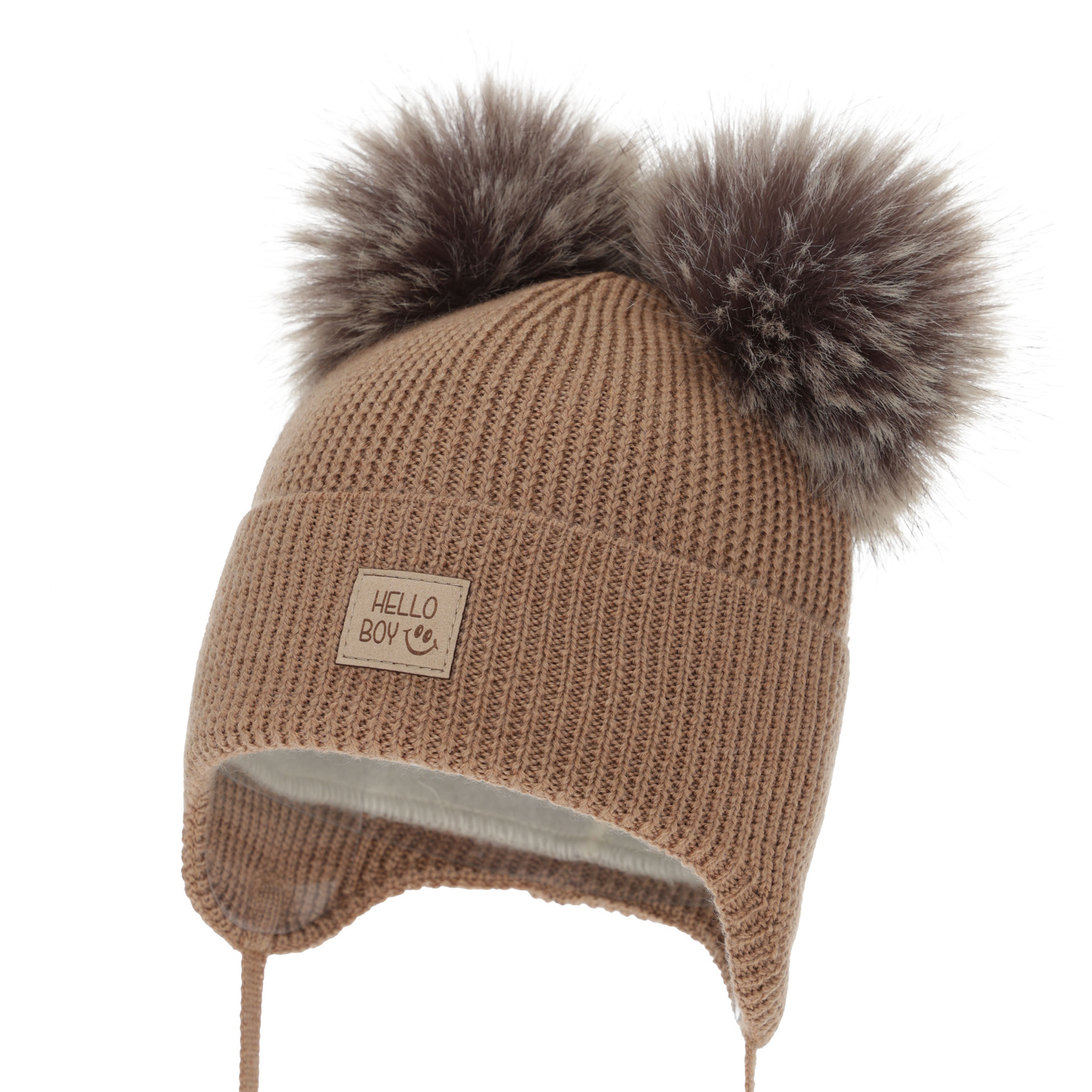 Jongens wintermuts, camel, 100% Merino Wol, gevoerd met wollen fleece, Tambor