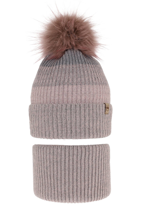 Ensemble d'hiver fille: bonnet et snood, gris, avec pompon, Gimena