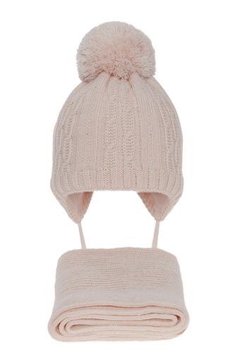 Meisjes winter set muts en sjaal, roze, met garen pompon, Candy