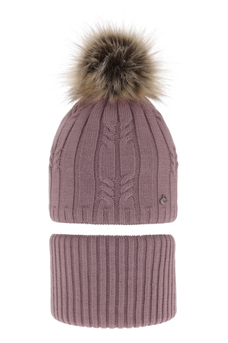Ensemble d'hiver fille: bonnet et snood, violet, avec pompon, Amaltea