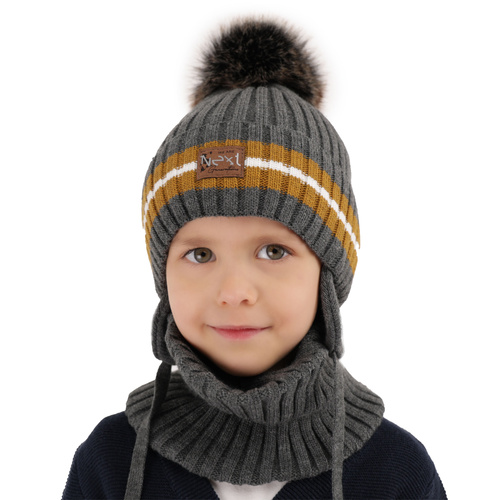 Ensemble d'hiver garçon: bonnet et snood, gris clair, avec pompon, Echo