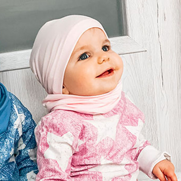 Meisjes herfst/lente set muts en buissjaal, roze, katoenen, Hazelka