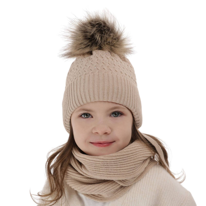 Ensemble d'hiver fille: bonnet et écharpe, beige, avec pompon, avec liens, Zelta