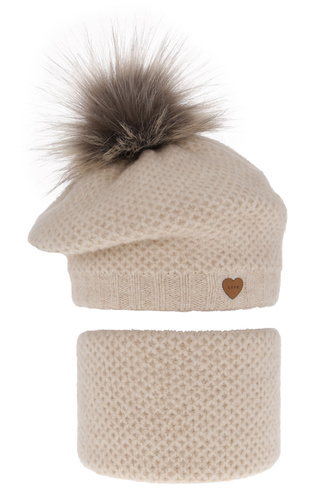 Ensemble d'hiver fille: beret et snood, beige clair, avec pompon, Francesca