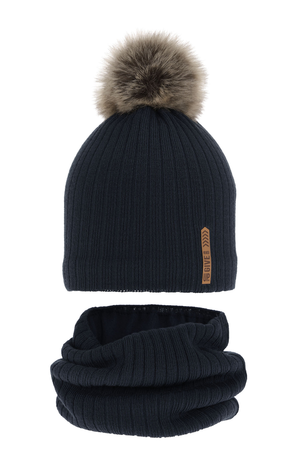 Ensemble d'hiver garçon: bonnet et snood, bleu marine, avec pompon, Kalen