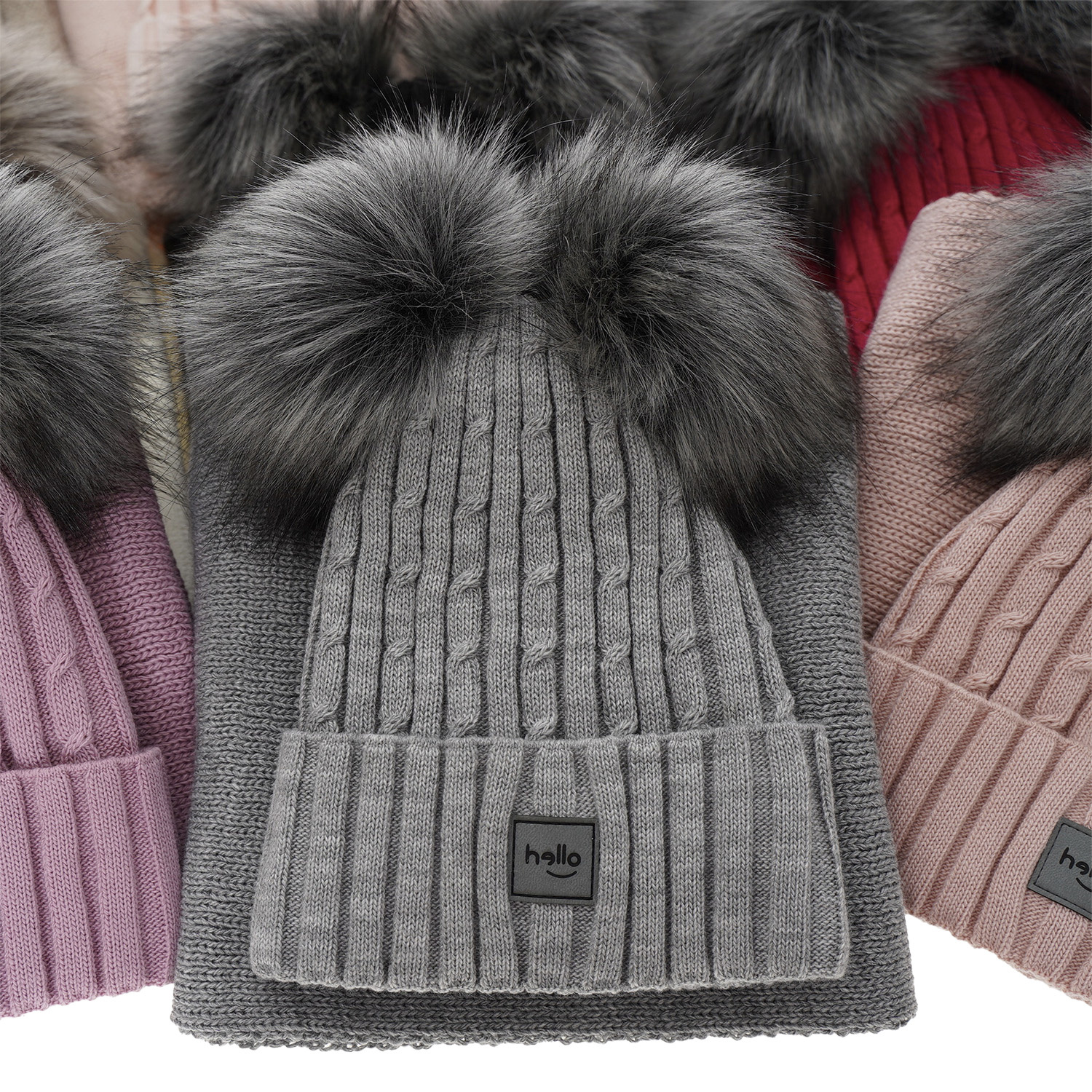 Ensemble d'hiver fille: bonnet et écharpe, rose, avec deux pompons, Zenda