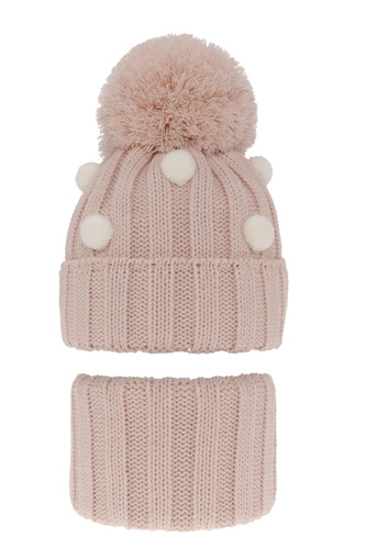 Ensemble d'hiver fille: bonnet et snood, rose clair, avec pompon, Hekate