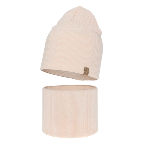 Ensemble automne/printemps fille: bonnet et snood, rose clair, avec laine mérinos, Ricona