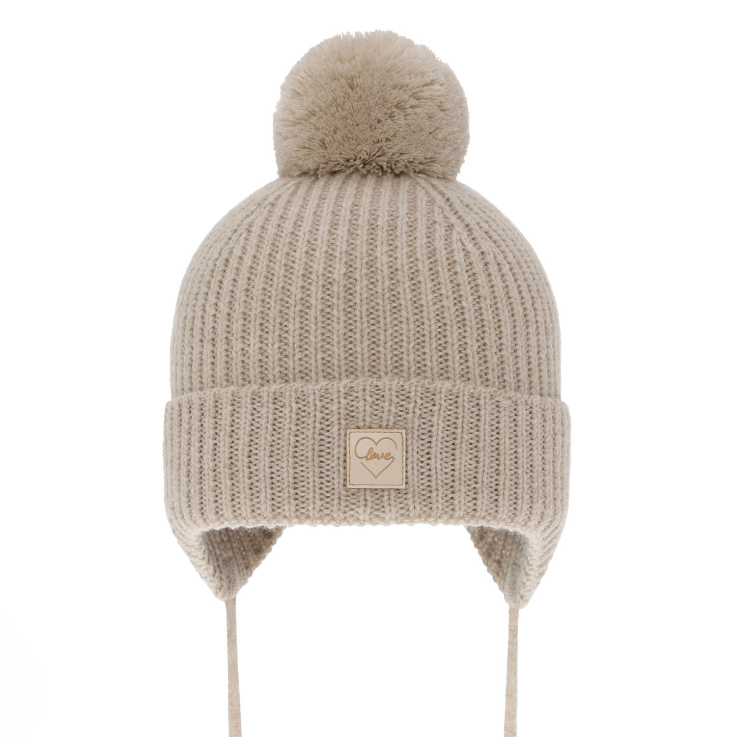 Bonnet d'hiver fille, beige, avec pompon, avec laine mérinos, doublé de coton, avec liens, Hakkari