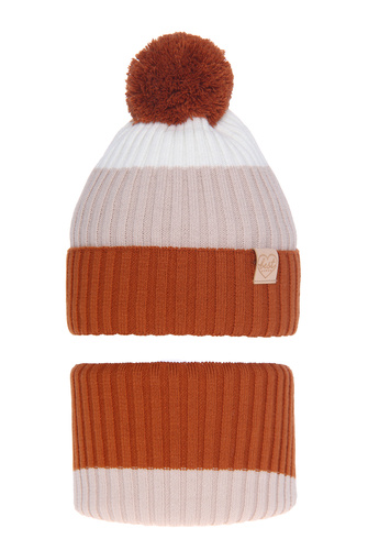 Meisjes winter set muts en buissjaal, bruin, met garen pompon, Indiana