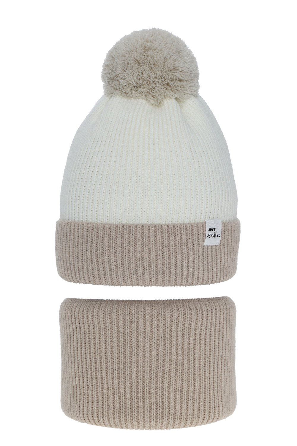Meisjes winter set muts en sjaal, beige, met garen pompon, Rosalin