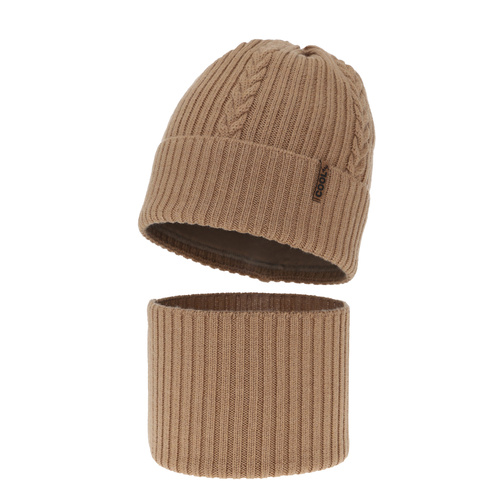 Ensemble d'hiver garçon: bonnet et snood, camel, avec laine mérinos, Wilson