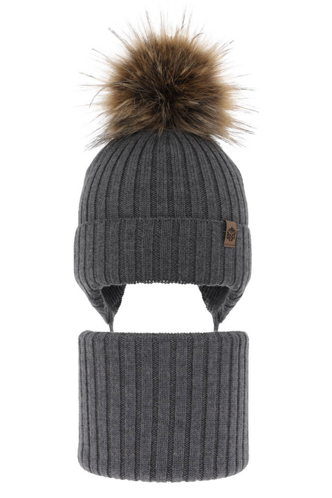 Ensemble d'hiver garçon: bonnet et snood, gris, avec liens, 100% Laine Mérinos Extrafine, Juno
