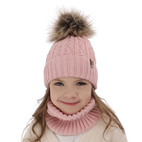 Ensemble d'hiver fille: bonnet et snood, rose, avec pompon, Pretoria
