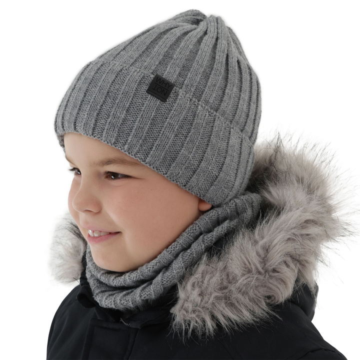 Ensemble d'hiver garçon: bonnet et snood, gris, Baster
