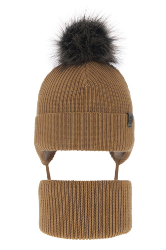 Ensemble d'hiver garçon: bonnet et snood, camel, avec pompon, avec liens, Honed