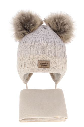 Ensemble d'hiver garçon: bonnet et écharpe, beige, avec deux pompons, Platon