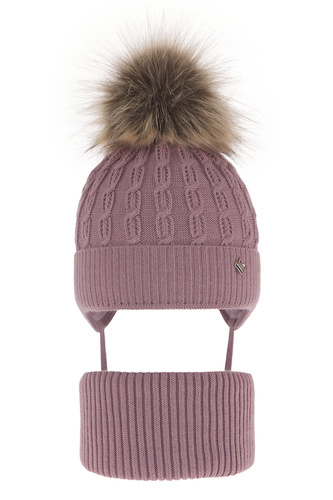 Ensemble d'hiver fille: bonnet et snood, violet, avec pompon, Tukana