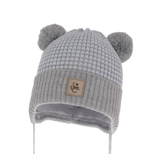 Bonnet automne/printemps garçon, grigio, avec deux pompons, avec liens, Laurent
