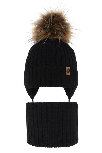 Ensemble d'hiver garçon: bonnet et snood, noir, avec laine mérinos, avec liens, Juno