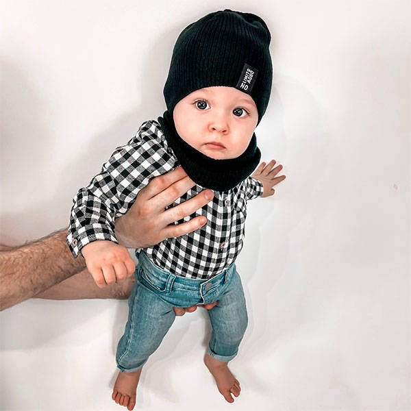 Jongens herfst/lente set (muts en buissjaal), met katoen, zwart, Tunis